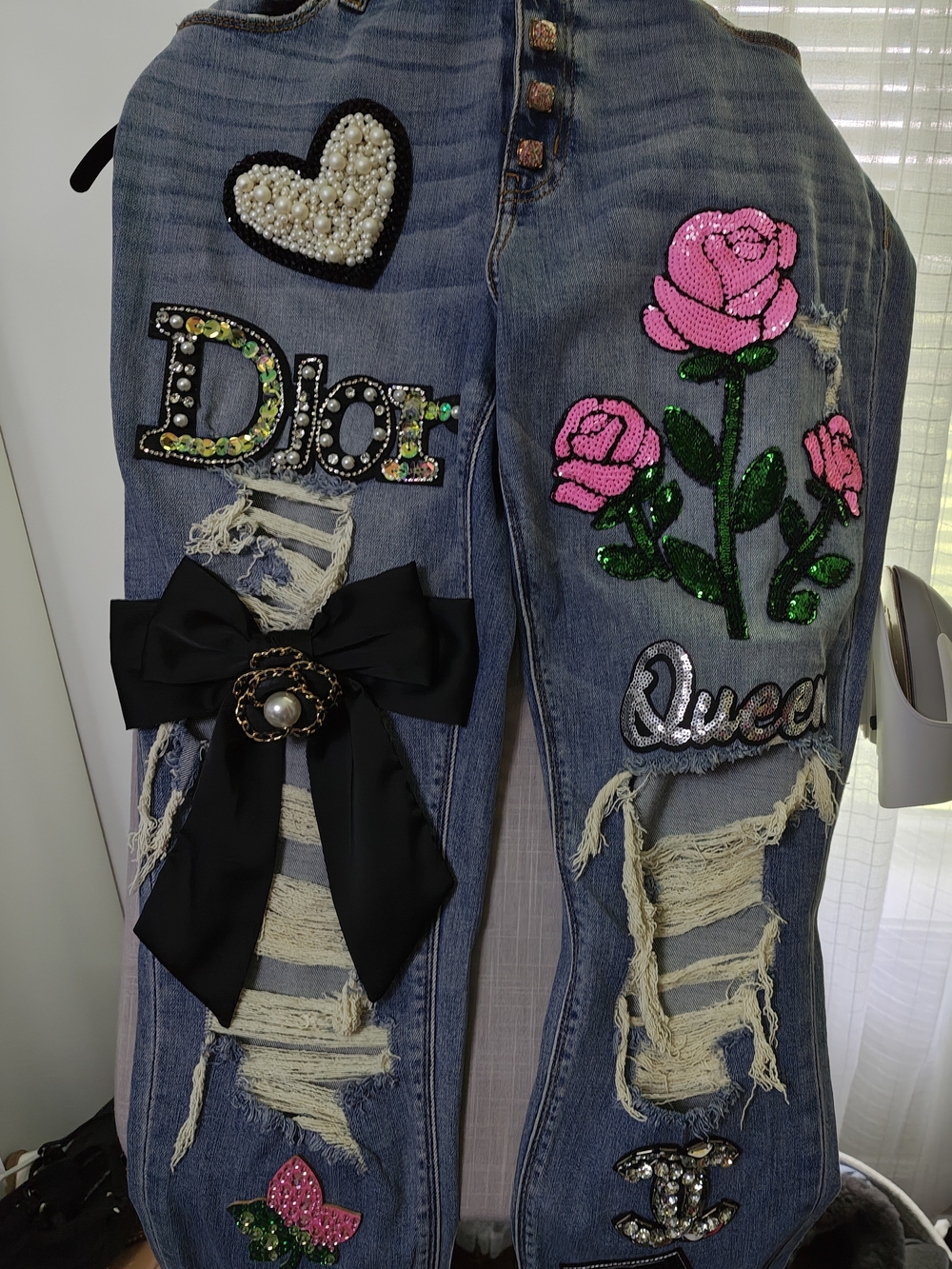 Embellished Blue Distressed Women’s Jeans with Pink Rose Applique